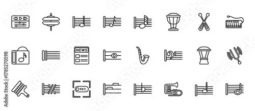 24 set of outline web music and media icons such as cymbal, sixteenth note, bold double bar line, djembe, half rest vector thin icons for report, presentation, diagram, web design, mobile app