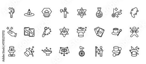 24 set of outline web magic icons such as witch hat, jewish, tarot, magic, magic book vector thin icons for report, presentation, diagram, web design, mobile app