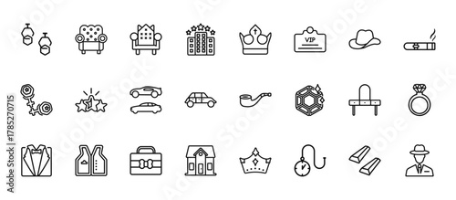 24 set of outline web luxury icons such as luxury armchair, crown, stars, dressing table, cottage vector thin icons for report, presentation, diagram, web design, mobile app