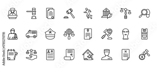 24 set of outline web law and justice icons such as veredict, escape, prisoner transport vehicle, balaclava, legal paper vector thin icons for report, presentation, diagram, web design, mobile app