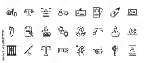 24 set of outline web law and justice icons such as civil rights, employment, tax law, counsel, recorder vector thin icons for report, presentation, diagram, web design, mobile app