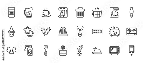 24 set of outline web kitchen icons such as pitcher, trash, cookie cutter, toaster, squeezer vector thin icons for report, presentation, diagram, web design, mobile app