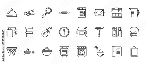 24 set of outline web kitchen icons such as garlic press, conserve, custard cup, spice jar, bun warmer vector thin icons for report, presentation, diagram, web design, mobile app