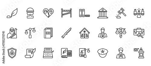 24 set of outline web law and justice icons such as  , practise areas, adminstrative law, business law, corporative vector thin icons for report, presentation, diagram, web design, mobile app