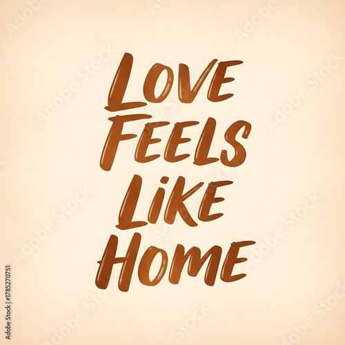 Inspirational quote on a warm beige background that reads 'Love Feels Like Home' in bold, stylish brown lettering, evoking feelings of comfort and belonging