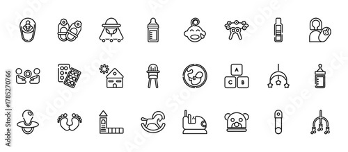 24 set of outline web kids and baby icons such as girl shoes, baby crying, cubes, crib toy, toy vector thin icons for report, presentation, diagram, web design, mobile app
