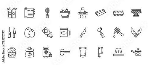 24 set of outline web kitchen icons such as recipe, extractor hood, eggs, honey dipper, scoop vector thin icons for report, presentation, diagram, web design, mobile app