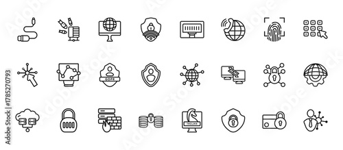 24 set of outline web networking icons such as ddos, ethernet, web traffic, private network, data protection vector thin icons for report, presentation, diagram, web design, mobile app