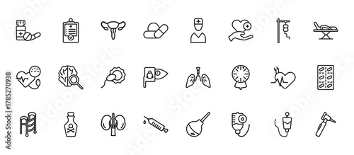 24 set of outline web health and medical icons such as medical result, medical, neurology, heart rate, injection vector thin icons for report, presentation, diagram, web design, mobile app