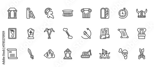 24 set of outline web history icons such as ruler, pillars, tomb, cart, pantheon vector thin icons for report, presentation, diagram, web design, mobile app