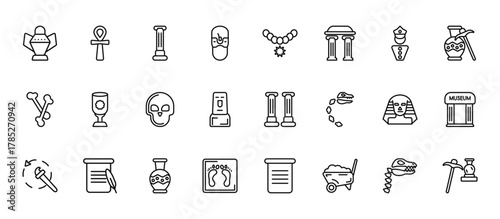 24 set of outline web history icons such as egypt, bracelet, bowl, sphinx, footprint vector thin icons for report, presentation, diagram, web design, mobile app