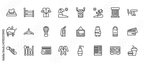 24 set of outline web hotel icons such as bunk, towels, hanger, doorknob, suits vector thin icons for report, presentation, diagram, web design, mobile app