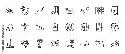 24 set of outline web health and medical icons such as emergency call, medical mask, healthcare, medical history, band aid vector thin icons for report, presentation, diagram, web design, mobile app