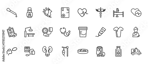 24 set of outline web health and medical icons such as poison, cardiology, surgery, patient robe, intravenous vector thin icons for report, presentation, diagram, web design, mobile app