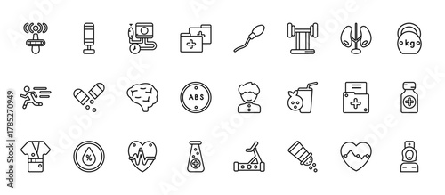 24 set of outline web health icons such as punching bag, sperm, antibiotics, medical result, medical substance vector thin icons for report, presentation, diagram, web design, mobile app