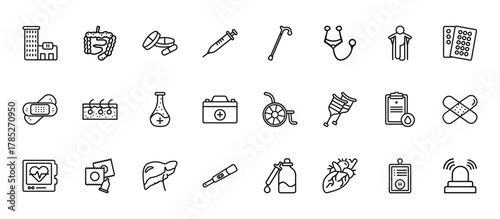 24 set of outline web health and medical icons such as intestine, walking stick, epidermis, blood test, pregnancy test vector thin icons for report, presentation, diagram, web design, mobile app