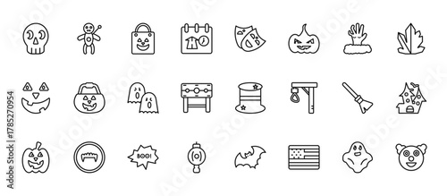 24 set of outline web halloween icons such as doll, facial mask, pumpkin basket, magic broom, lanterns vector thin icons for report, presentation, diagram, web design, mobile app