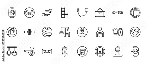 24 set of outline web gymandfitness icons such as muscles, skipping rope, fitness wheel, sport wear, stretching punching ball vector thin icons for report, presentation, diagram, web design, mobile