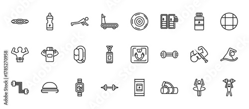 24 set of outline web gym and fitness icons such as fitness drink, weight drive, protein, steroids, lifting barbell vector thin icons for report, presentation, diagram, web design, mobile app