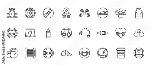 24 set of outline web gymandfitness icons such as pulsometer, fitness gloves, fitness shorts, fitness, headgear vector thin icons for report, presentation, diagram, web design, mobile app