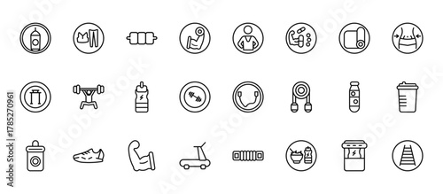 24 set of outline web gymandfitness icons such as women fitness clothing, trainer, weightlifting, water bottle, running hine vector thin icons for report, presentation, diagram, web design, mobile