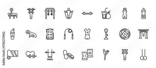 24 set of outline web gym and fitness icons such as barbell weightlifting, dumbbells bar, simulator for press, iron shoot, pill and tablet vector thin icons for report, presentation, diagram, web