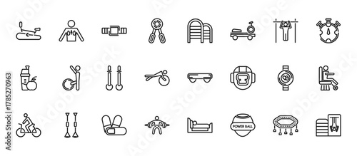 24 set of outline web gym and fitness icons such as anatomy, gym ladder, exercising with gymnastic ball, fitness watch, exercising dumbbell vector thin icons for report, presentation, diagram, web
