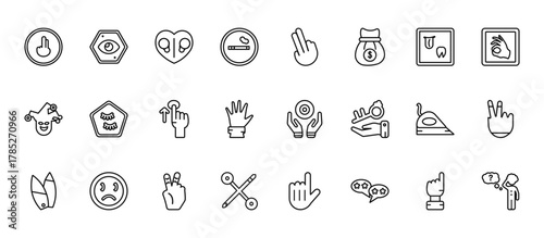 24 set of outline web gestures icons such as watch dark eye, drag right, eyelashes, pressing, piercings vector thin icons for report, presentation, diagram, web design, mobile app