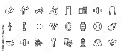 24 set of outline web gym and fitness icons such as lifting weight with right arm, training apparatus, chest expanders, pilates ball, fitness body vector thin icons for report, presentation,