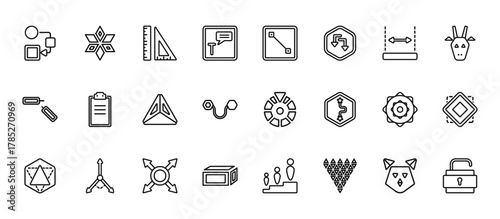 24 set of outline web geometry icons such as polygonal star of six points, lengthen, paste clipboard, polygonal ornament of hexagons and triangles, hexahedron vector thin icons for report,