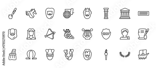 24 set of outline web greece icons such as pegasus, poseidon, muse, alexander the great, broken amphora vector thin icons for report, presentation, diagram, web design, mobile app