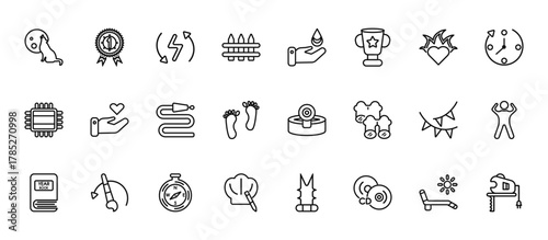 24 set of outline web general icons such as number one medal, save water badge, heart between hands, party decoration, chef hat with a pencil vector thin icons for report, presentation, diagram, web