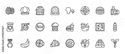 24 set of outline web food icons such as eggs sillhouettes, drinking, cafe bar, shuizhu, cheese wedge vector thin icons for report, presentation, diagram, web design, mobile app