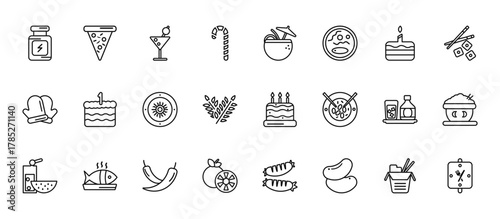 24 set of outline web food icons such as triangular pizza slice, drink in a coconut, birthday cake with one candle, scotch, citrus fruits vector thin icons for report, presentation, diagram, web