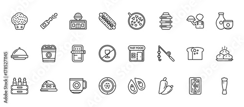24 set of outline web food icons such as opening a champagne bottle, luosifen, onion rings, loaf of bread, fuqi feipian vector thin icons for report, presentation, diagram, web design, mobile app