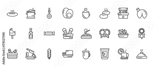 24 set of outline web food icons such as stew, hot chote, champagne bottle, risotto, butter vector thin icons for report, presentation, diagram, web design, mobile app