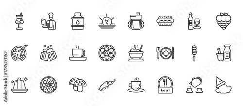 24 set of outline web food icons such as butcher, sippy cup, beers, brochette, shrimps vector thin icons for report, presentation, diagram, web design, mobile app
