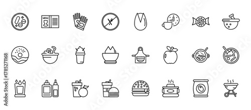 24 set of outline web food icons such as drinks menu, pistachio, worms, snow fungus soup, junk food vector thin icons for report, presentation, diagram, web design, mobile app