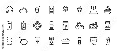 24 set of outline web fast food icons such as taco, operator, burrito, cash, free vector thin icons for report, presentation, diagram, web design, mobile app