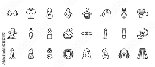 24 set of outline web fashion icons such as hawaiian, cloth towel, female sexy dress, strapless tube dress, wig vector thin icons for report, presentation, diagram, web design, mobile app