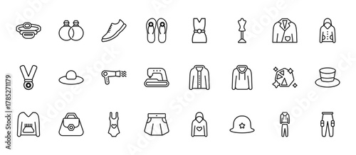24 set of outline web fashion icons such as fiance, tunic, round hat, diamond precious stone, short skirt vector thin icons for report, presentation, diagram, web design, mobile app