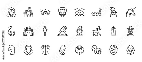 24 set of outline web fairy tale icons such as castle, female medusa, palace, stained glass, rapunzel vector thin icons for report, presentation, diagram, web design, mobile app