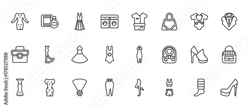24 set of outline web fashion icons such as parfume, kimono, long black gown, hell, skirt with slit and belt vector thin icons for report, presentation, diagram, web design, mobile app