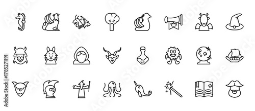 24 set of outline web fairy tale icons such as griffin, gryphon, werewolf, magic, kraken vector thin icons for report, presentation, diagram, web design, mobile app
