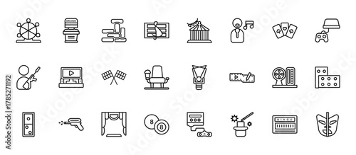 24 set of outline web entertainment icons such as arcade hine, festival, home theater, lottery game, eight ball vector thin icons for report, presentation, diagram, web design, mobile app