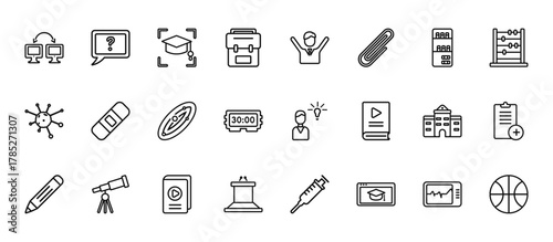 24 set of outline web education icons such as unknown topic, open arms, eraser, old school, podium vector thin icons for report, presentation, diagram, web design, mobile app