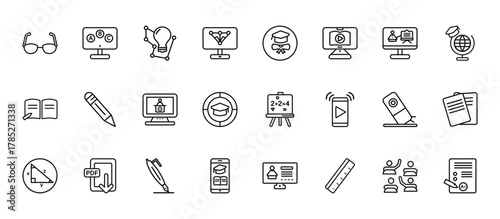 24 set of outline web online learning icons such as abc, graduation, pencil, eraser, mobile learning vector thin icons for report, presentation, diagram, web design, mobile app
