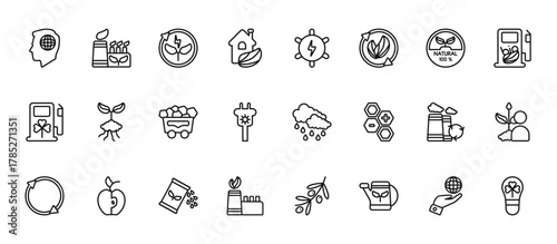 24 set of outline web ecology icons such as sustainable factory, solar energy, plant and root, recycling factory, eco industry vector thin icons for report, presentation, diagram, web design, mobile