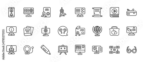 24 set of outline web online learning icons such as online education, online test, book, lunch, whiteboard vector thin icons for report, presentation, diagram, web design, mobile app