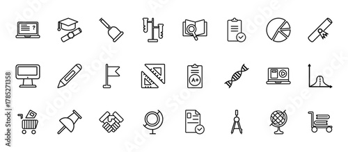 24 set of outline web education icons such as university, research with books, pencil, educational video, world map vector thin icons for report, presentation, diagram, web design, mobile app